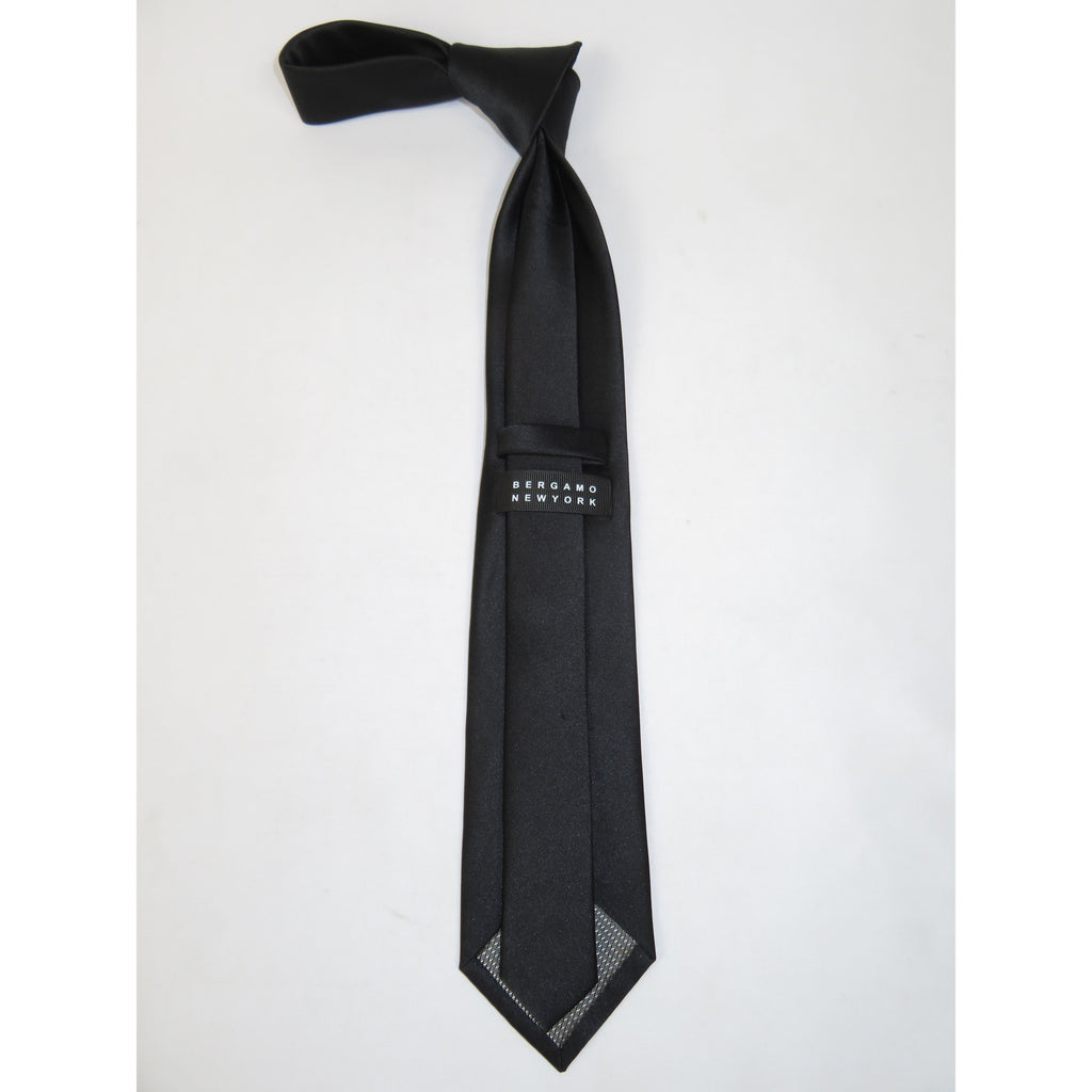 Men's Bergamo New York Tie Satin Silky Feel #Berg-1 Solid Black
