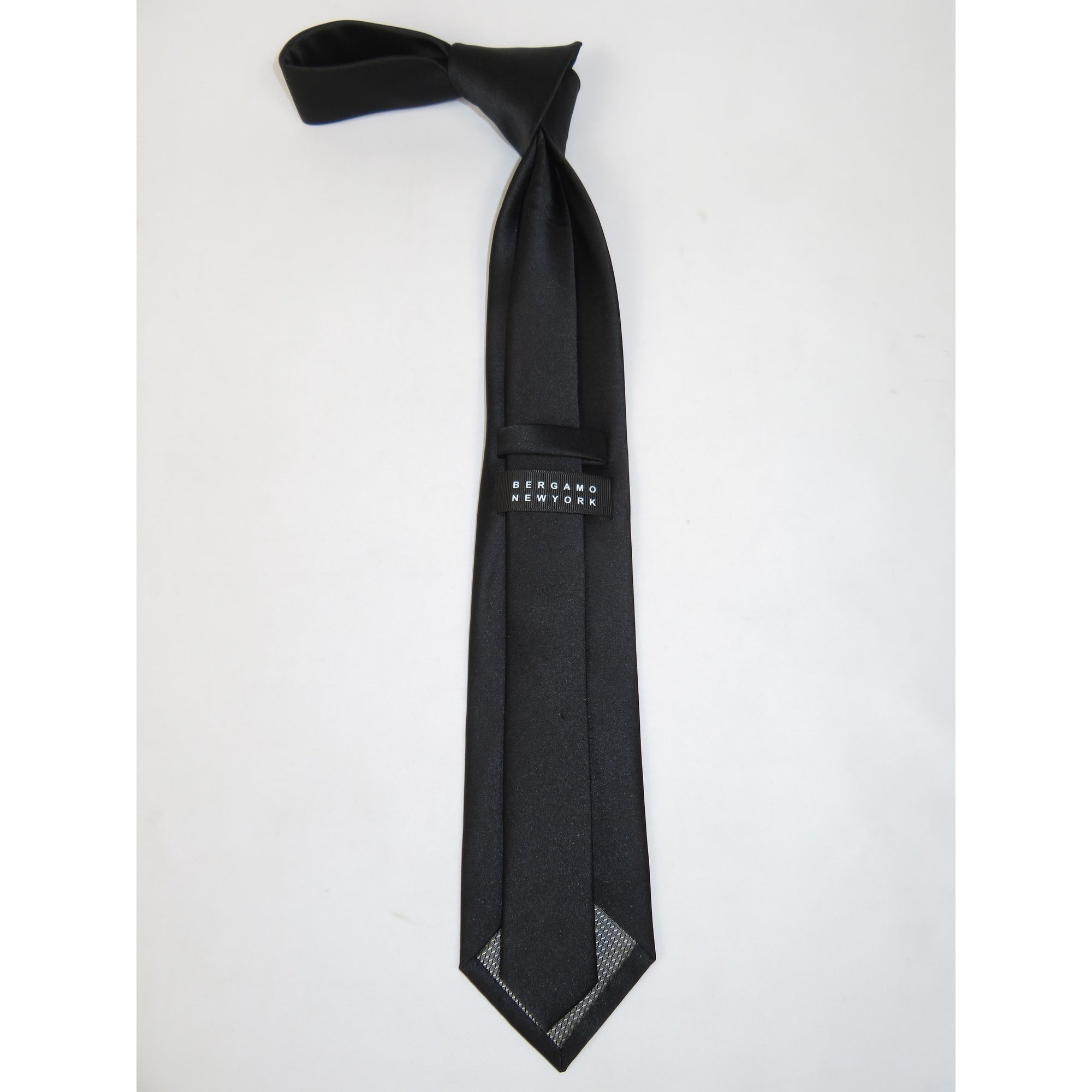 Men's Bergamo New York Tie Satin Silky Feel #Berg-1 Solid Black