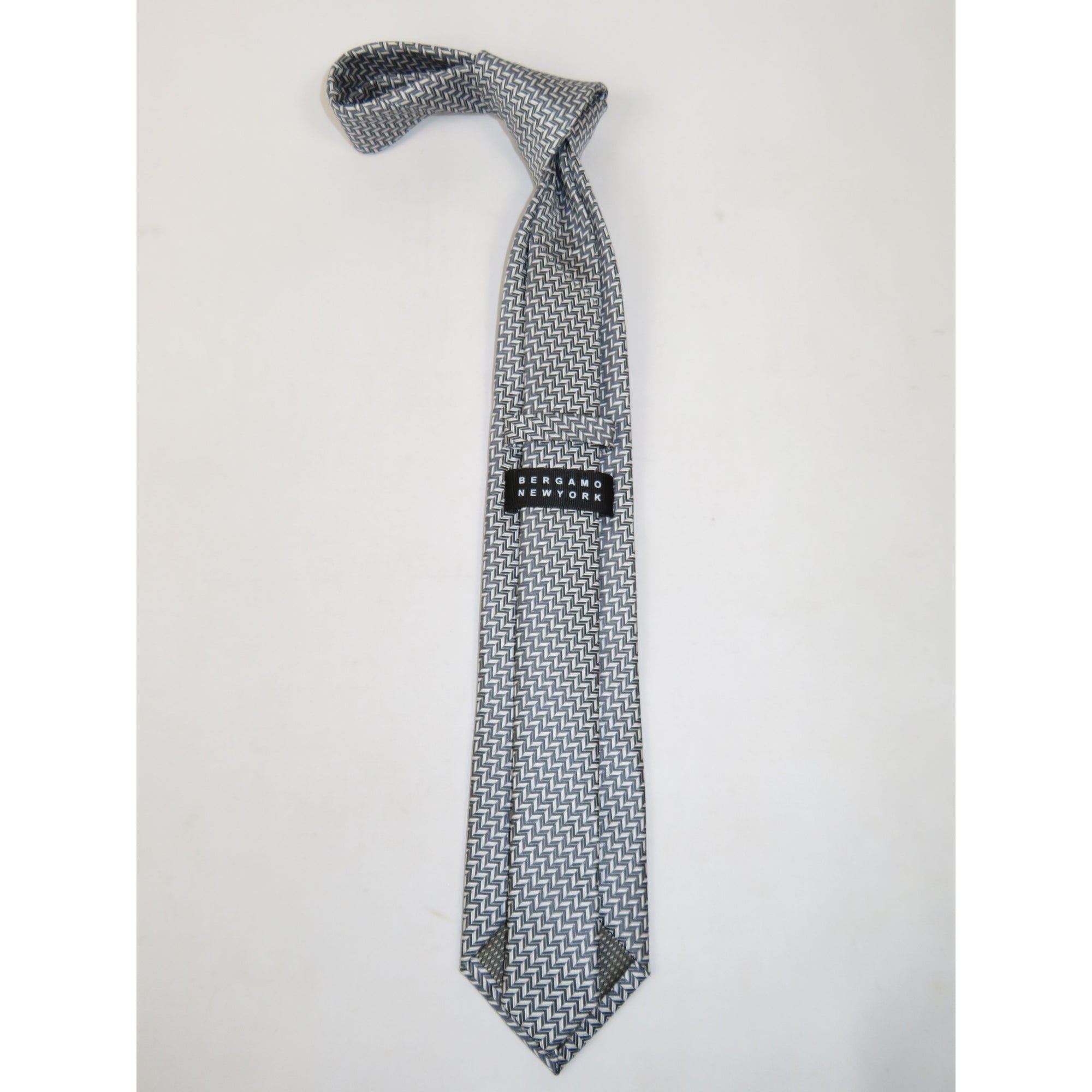 Men's Bergamo New York Tie Satin Silky Feel #Berg-3 Silver Gray Herringbone