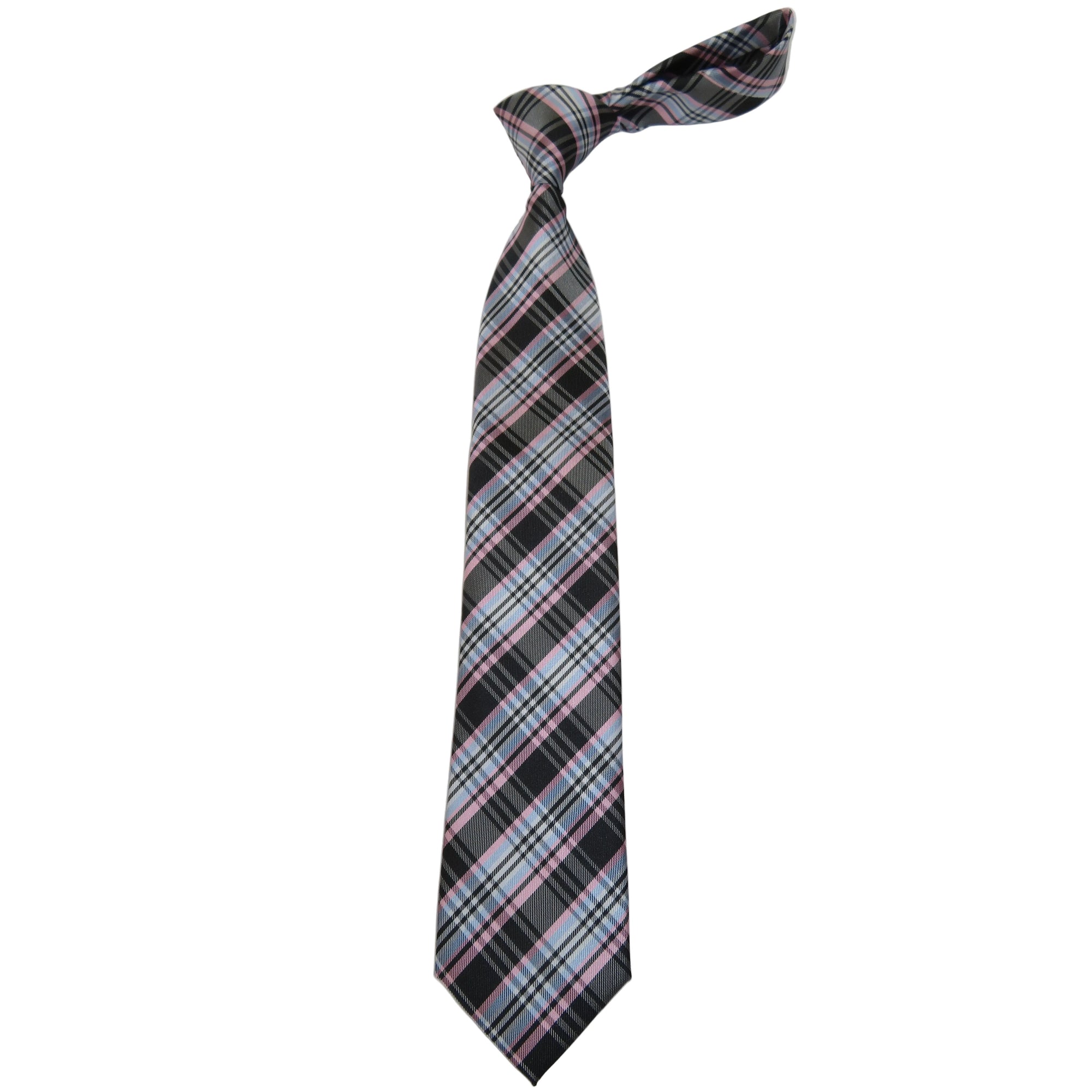 Men's Bergamo New York Tie Satin Silky Feel #Berg-4 Gray/Pink Plaid