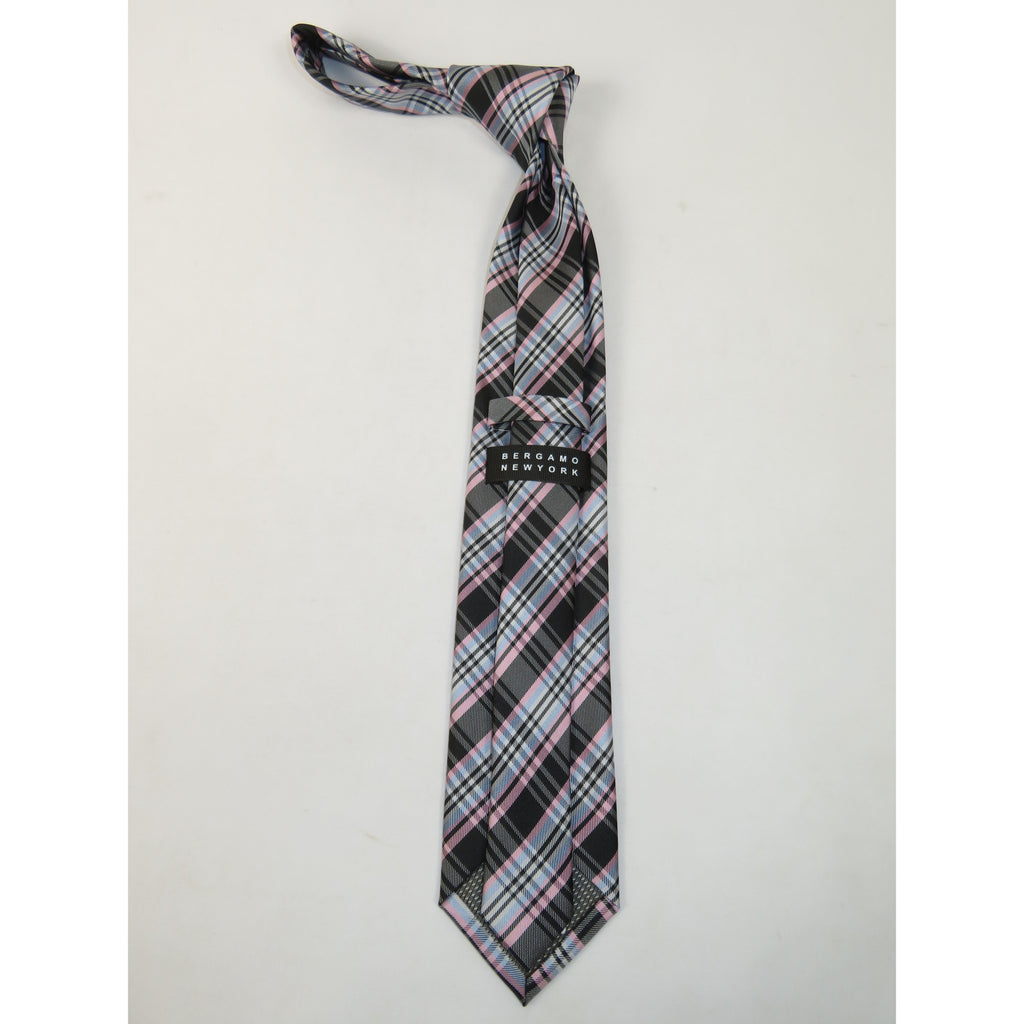 Men's Bergamo New York Tie Satin Silky Feel #Berg-4 Gray/Pink Plaid