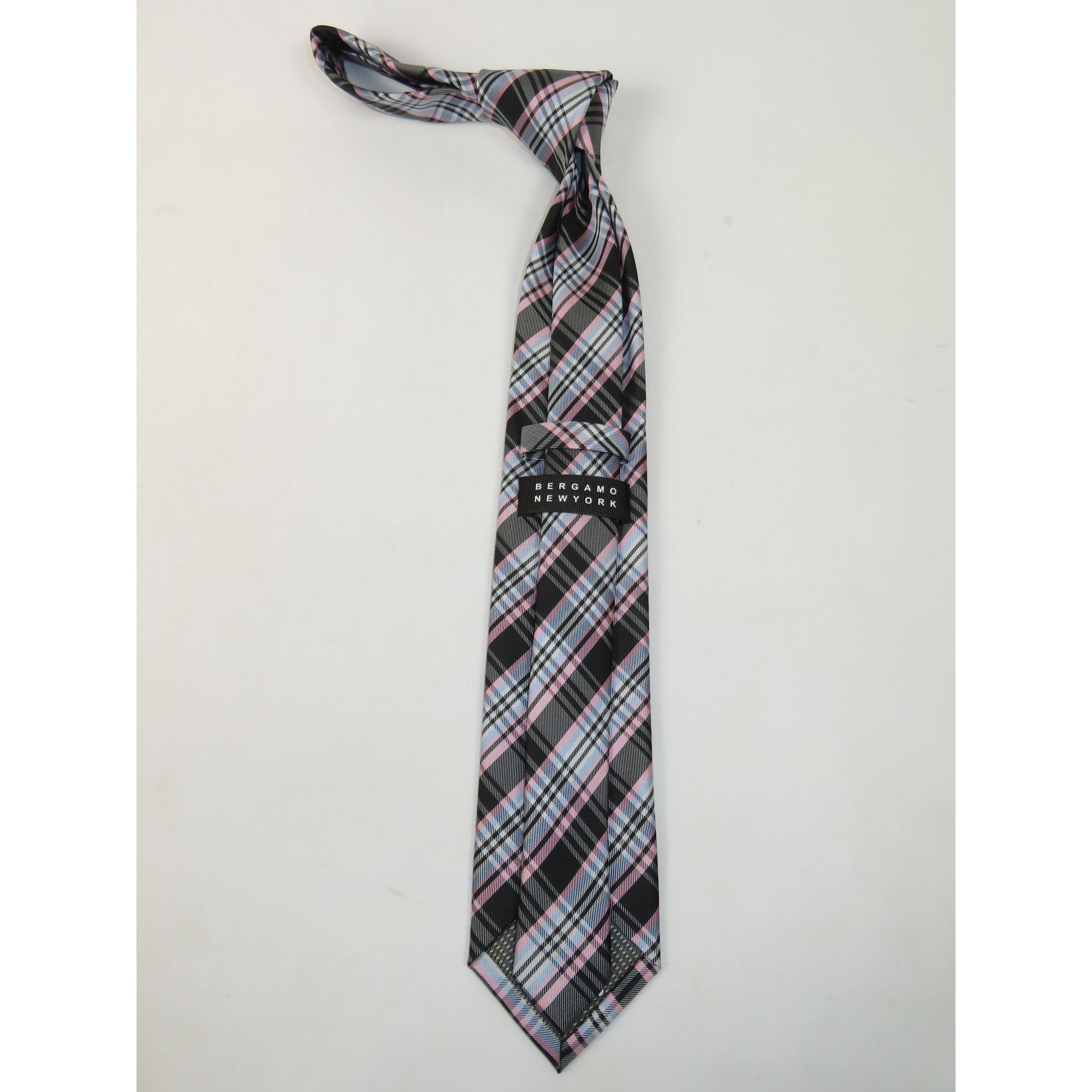 Men's Bergamo New York Tie Satin Silky Feel #Berg-4 Gray/Pink Plaid