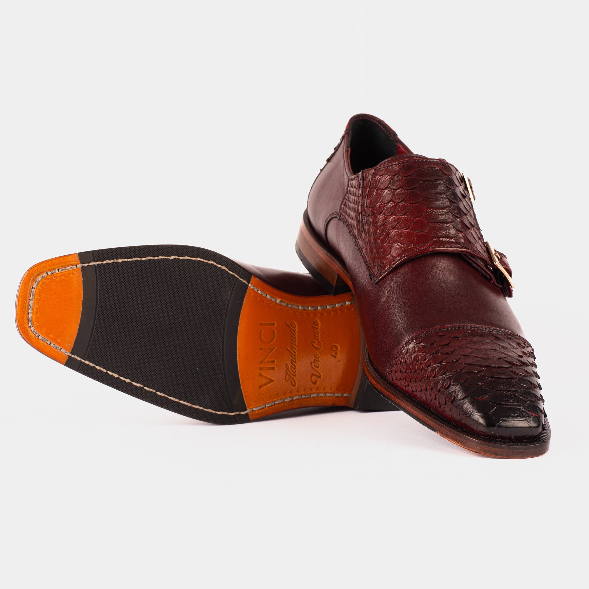 Vinci The Bishkek Burgundy Leather Cap Toe Double Monk Strap Men  Shoes
