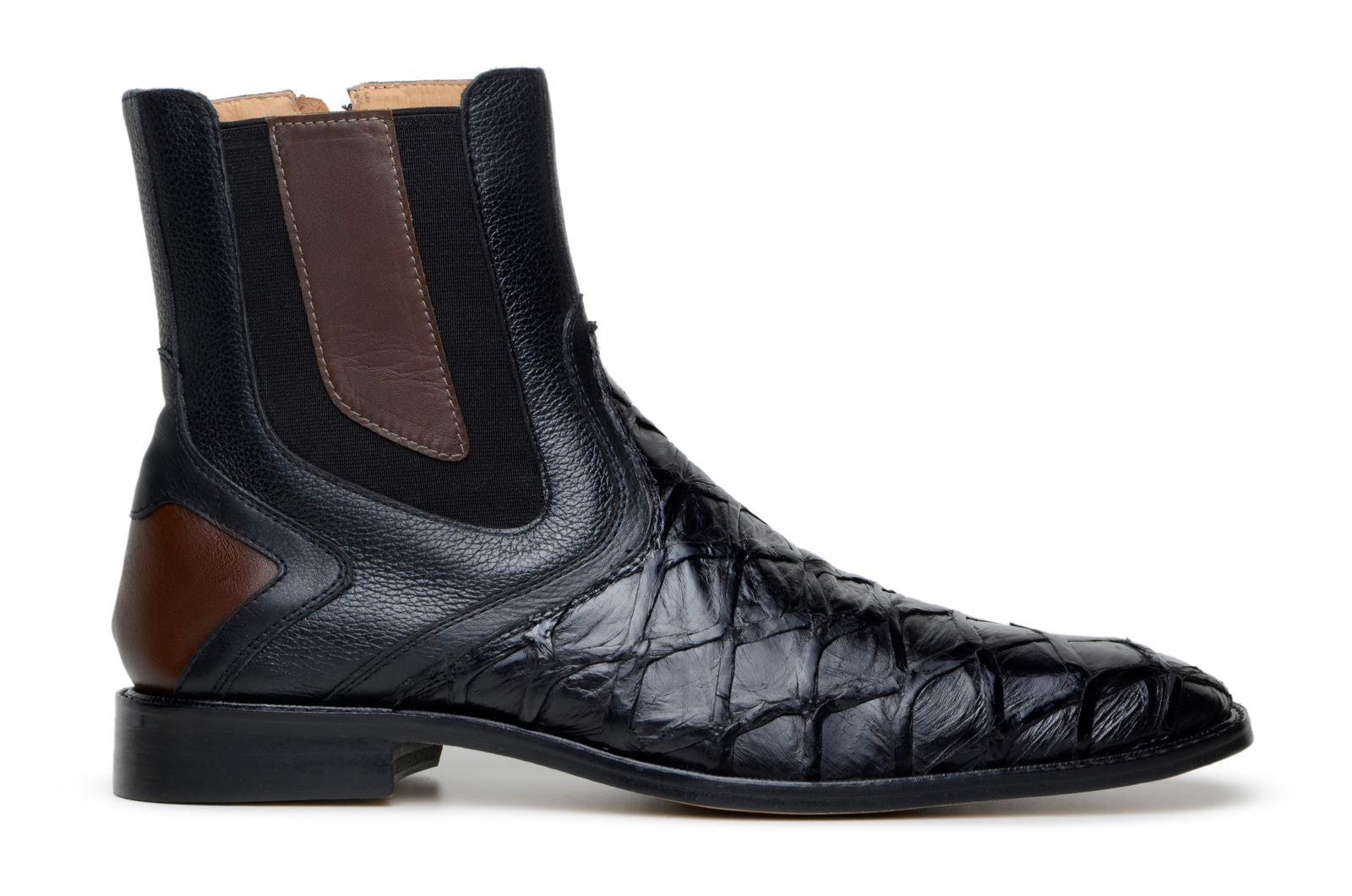 Belvedere Lima Genuine Pirarucu Skin and Pebble Grain Calf Chukka Zipper Boots Black