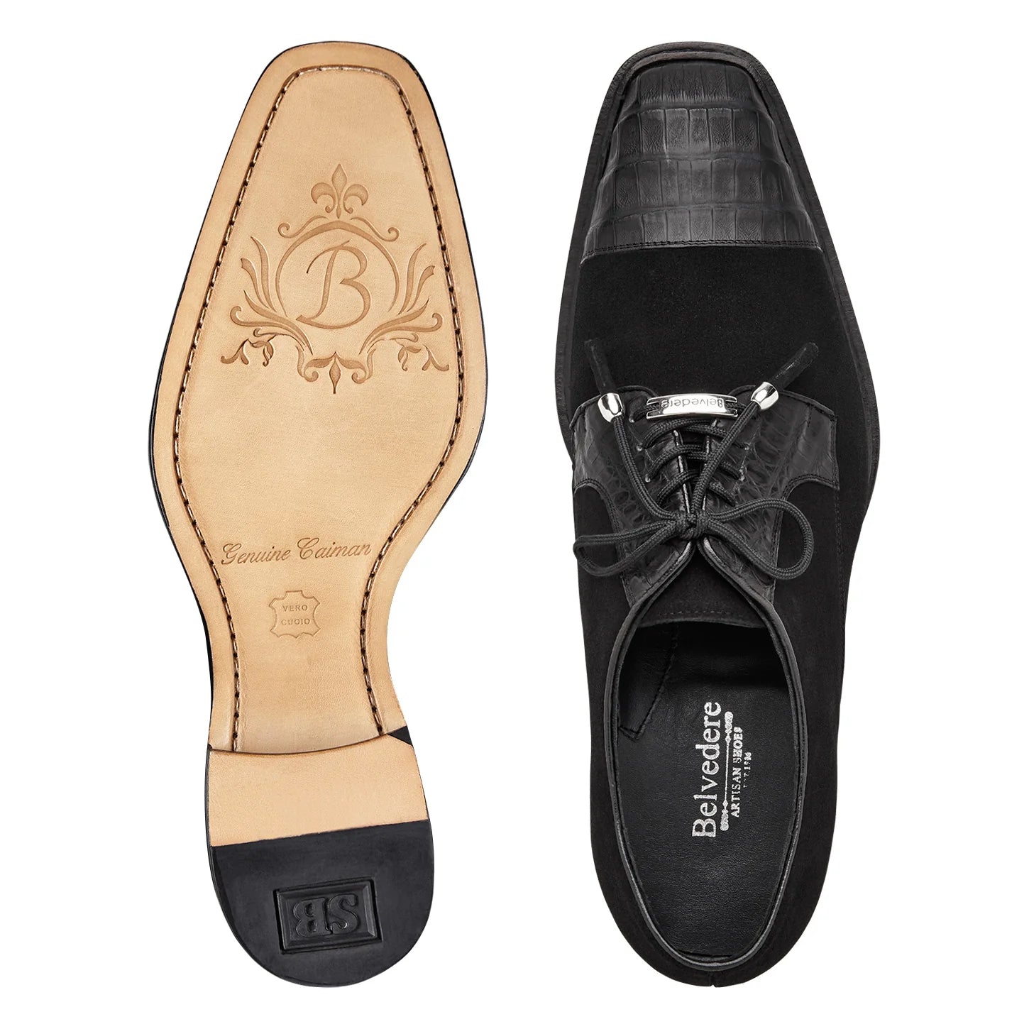 Belvedere Capitano Genuine Oiled Caiman Crocodile Italian Suede Black R103