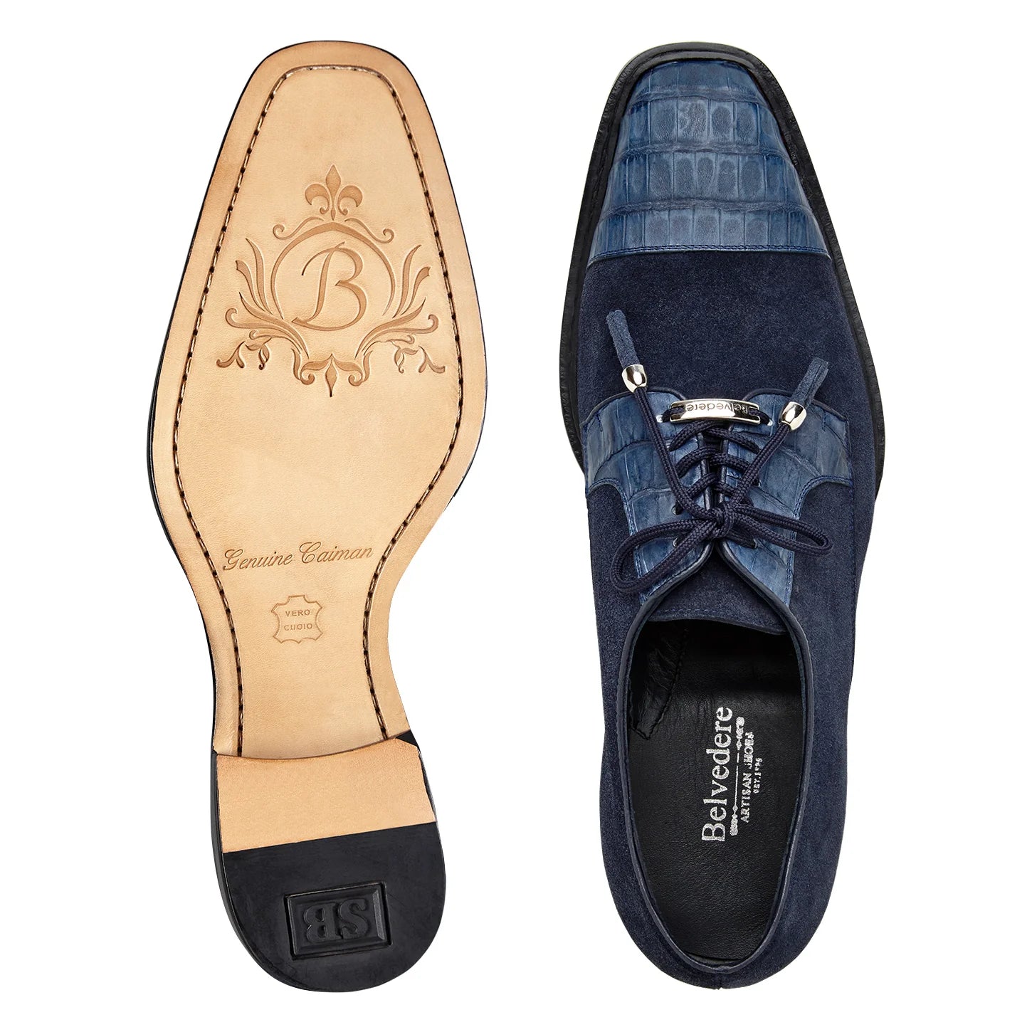 Belvedere Capitano Genuine Oiled Caiman Crocodile Italian Suede Navy R103