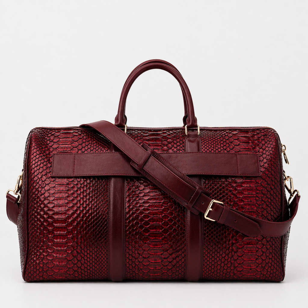 The Velar Burgundy Hand-Painted Snake Leather Weekender Bag