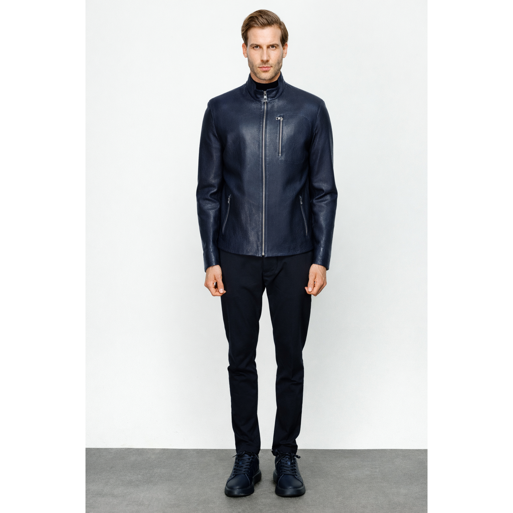The Blanchard Navy Blue Leather Men Jacket