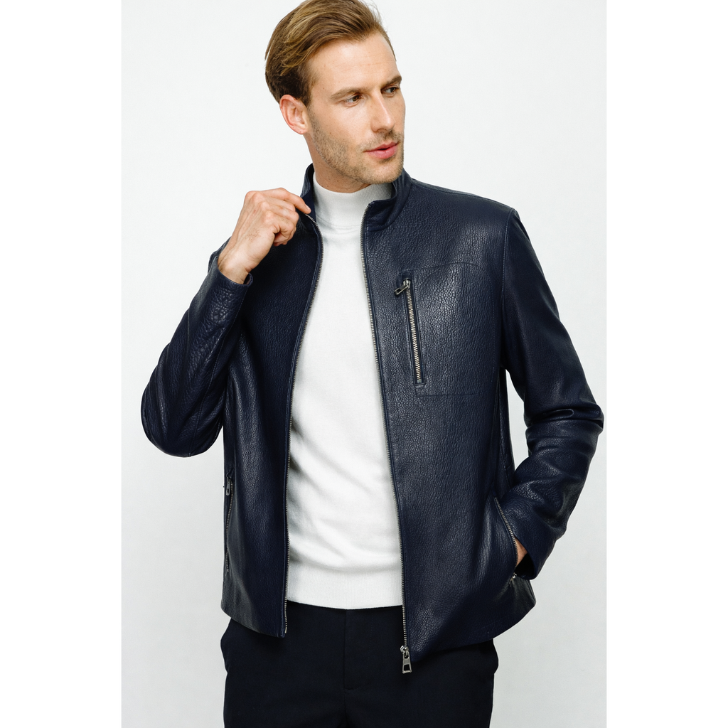 The Blanchard Navy Blue Leather Men Jacket