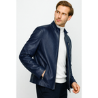The Blanchard Navy Blue Leather Men Jacket