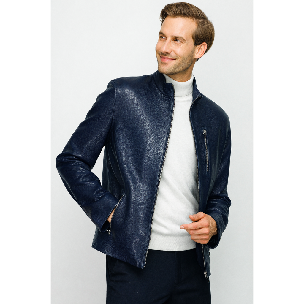 The Blanchard Navy Blue Leather Men Jacket