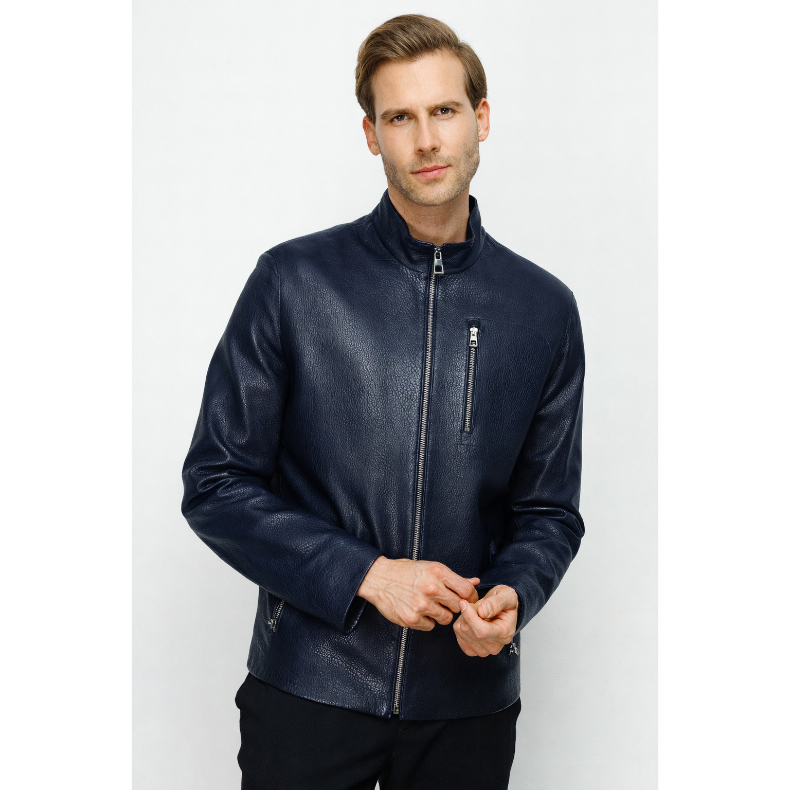 The Blanchard Navy Blue Leather Men Jacket