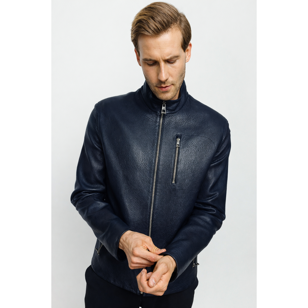 The Blanchard Navy Blue Leather Men Jacket