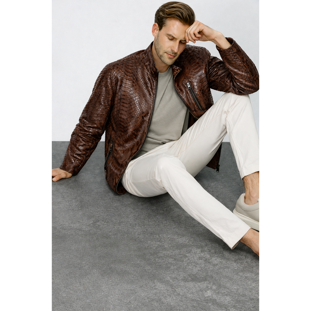 The Boss Pythn Dark Brown Leather Men Jacket Exclusive Limited Edition
