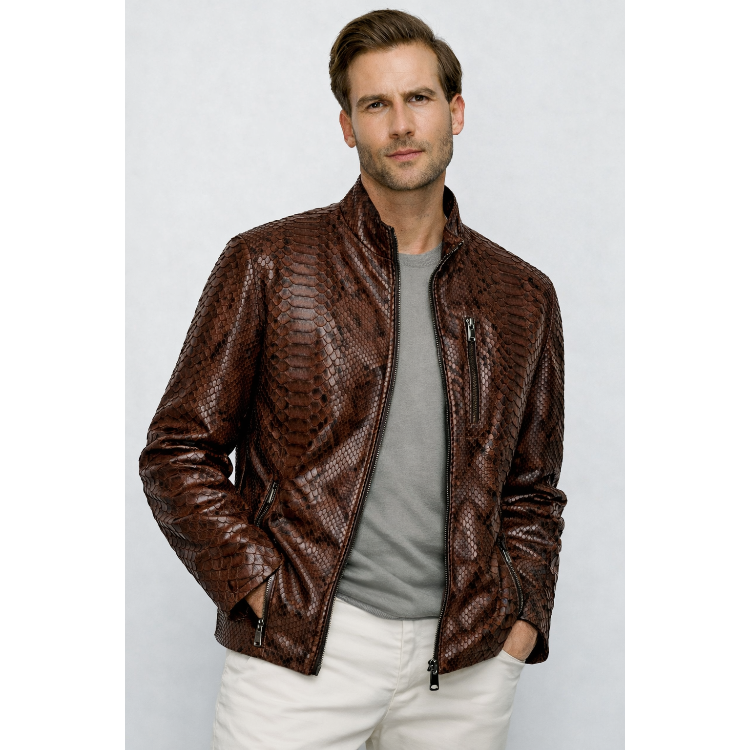 The Boss Pythn Dark Brown Leather Men Jacket Exclusive Limited Edition