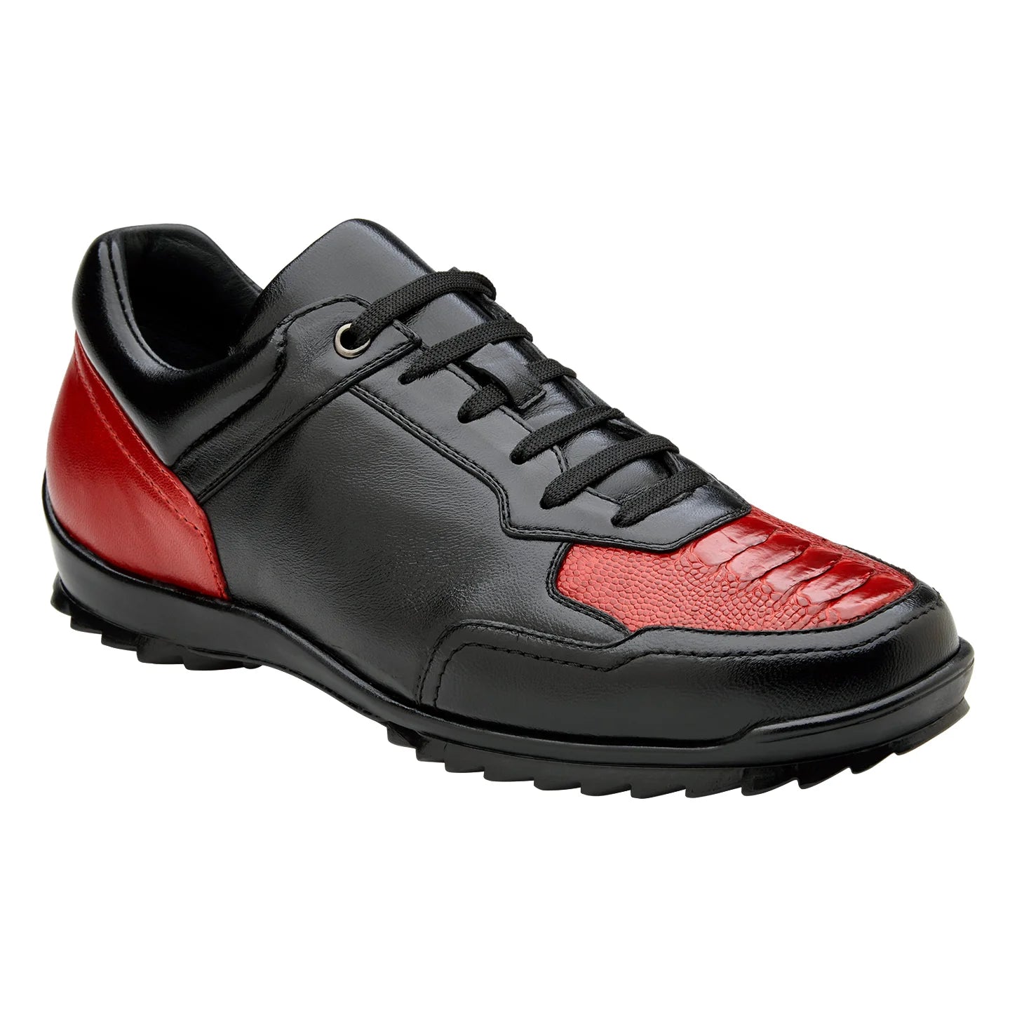 Men's Belvedere Sneakers Corvo Genuine Ostrich and Soft Italian Leather Black/Red Y36