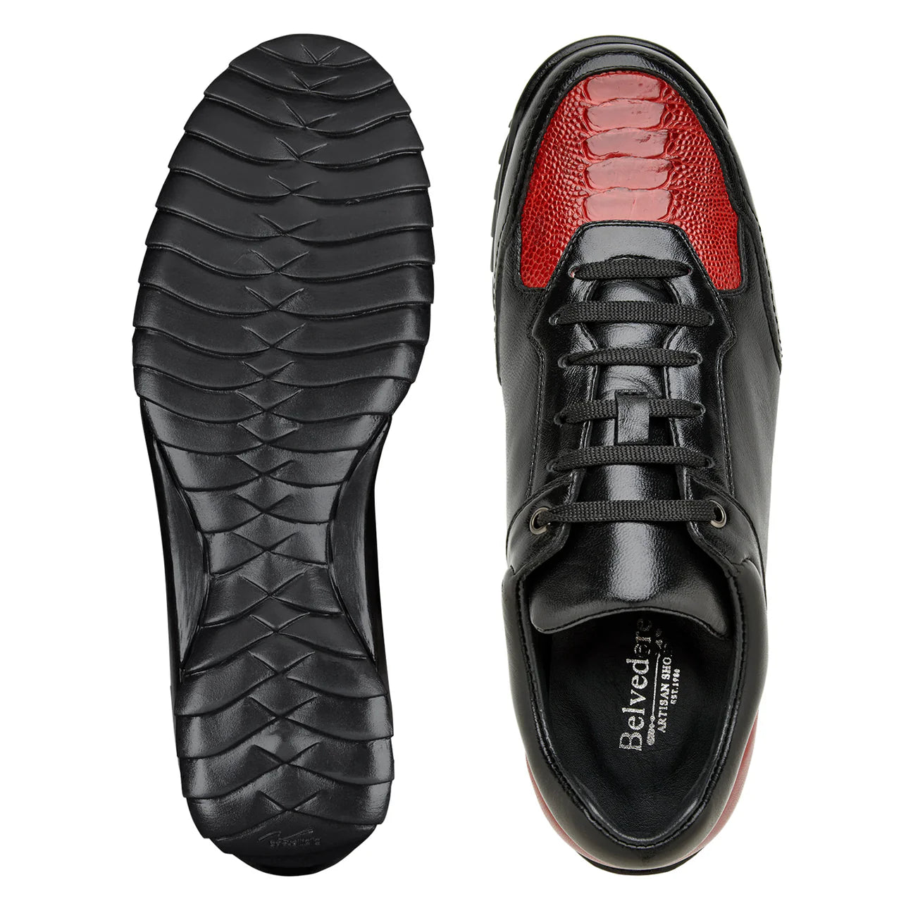 Men's Belvedere Sneakers Corvo Genuine Ostrich and Soft Italian Leather Black/Red Y36