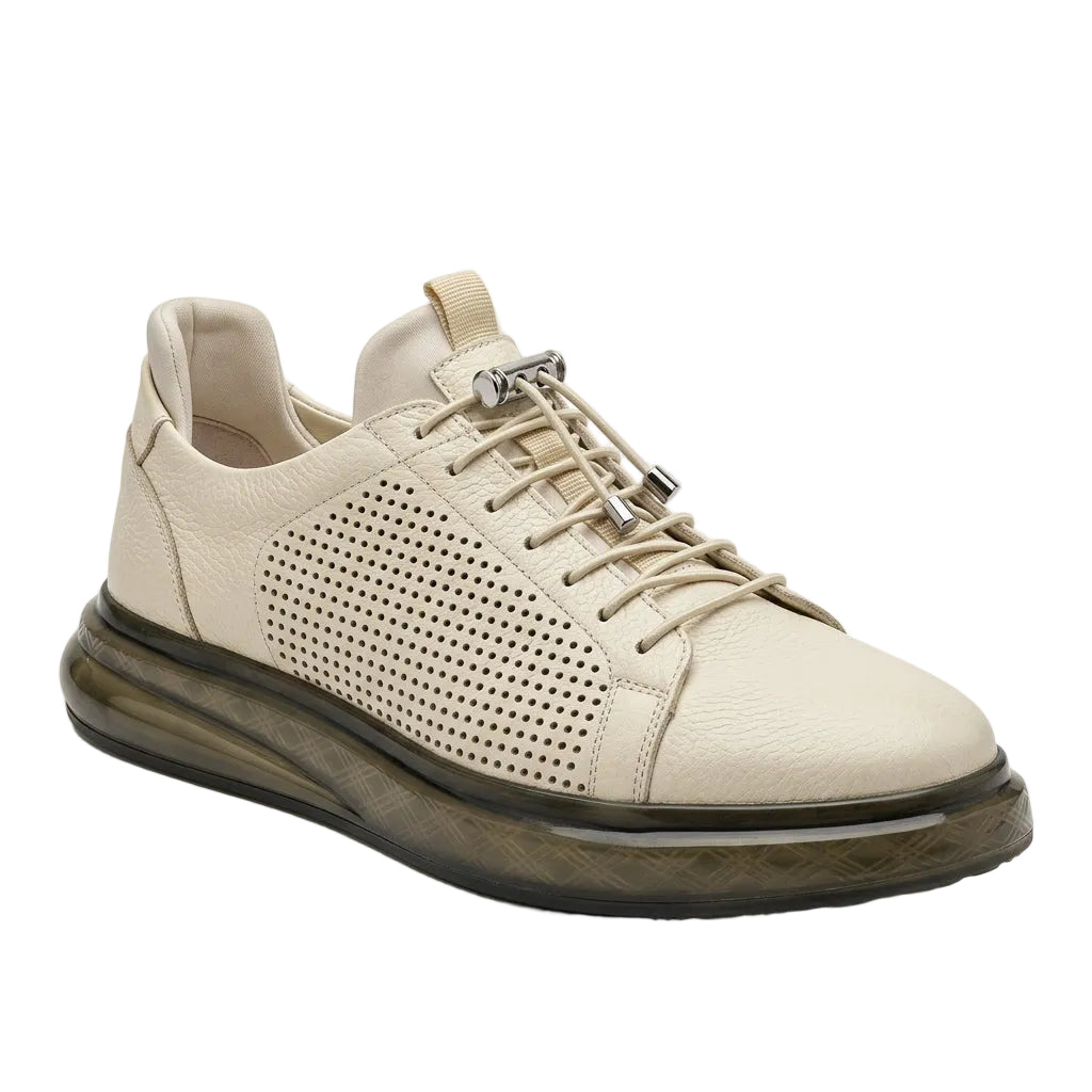 Men's Fashion Comfort Sneaker Shoes By Davientte Soft Leather Slip on Lace Feature D3 Cream