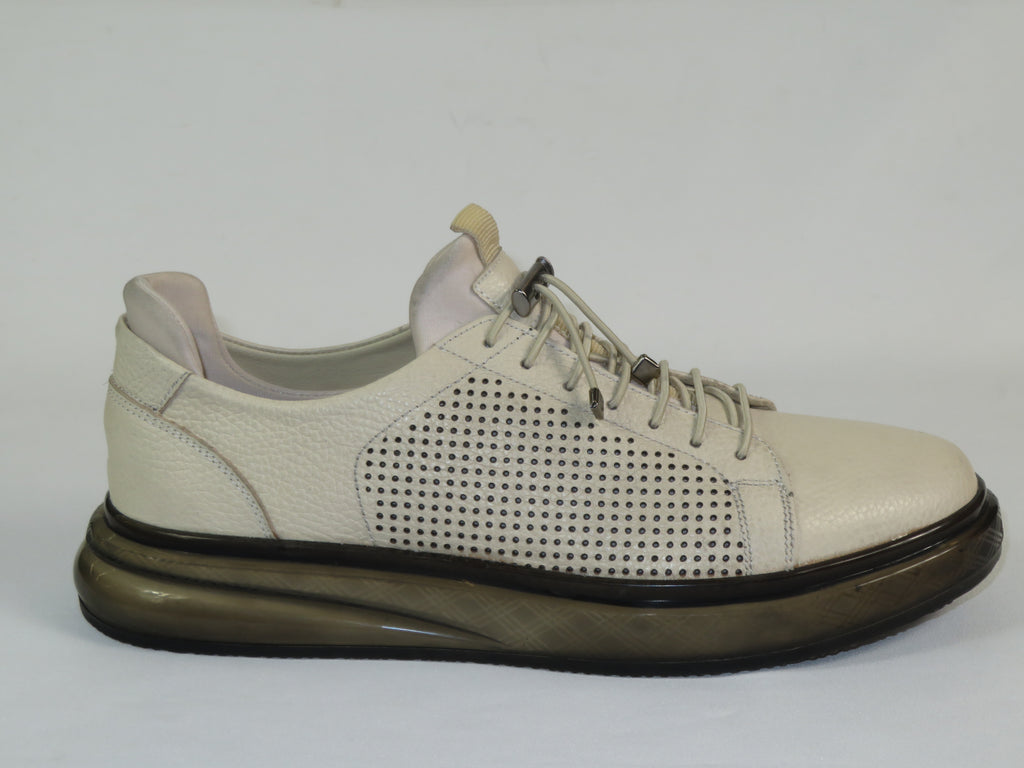 Men's Fashion Comfort Sneaker Shoes By Davientte Soft Leather Slip on Lace Feature D3 Cream