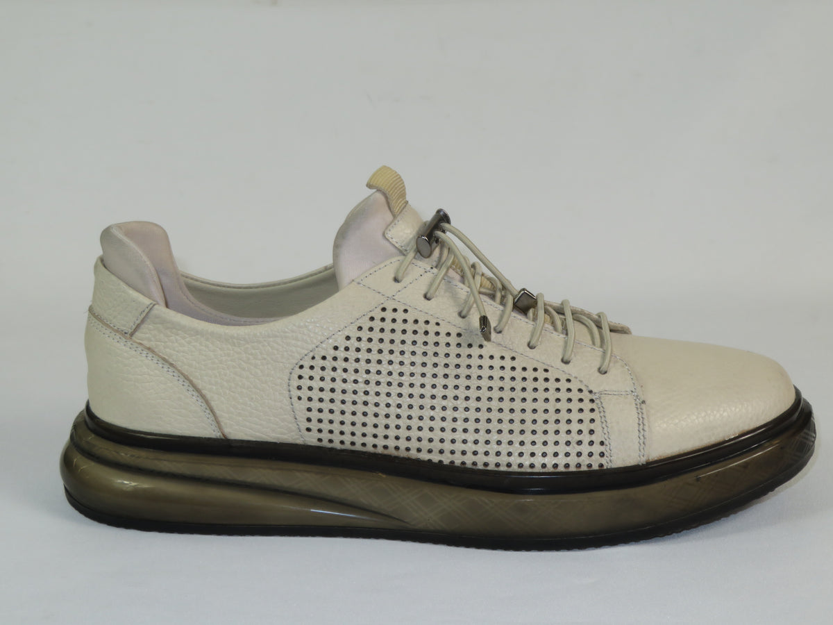 Men's Fashion Comfort Sneaker Shoes By Davientte Soft Leather Slip on Lace Feature D3 Cream