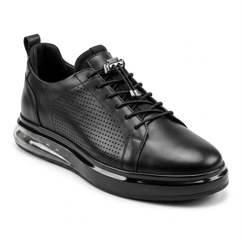 Men's Fashion Comfort Sneaker Shoes By Davientte Soft Leather Slip on Lace Feature D1 Black