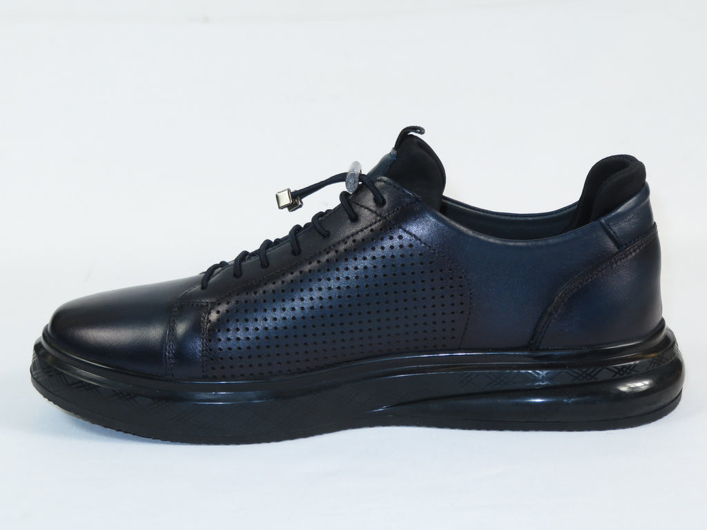 Men's Fashion Comfort Sneaker Shoes By Davientte Soft Leather Slip on Lace Feature D2 Navy