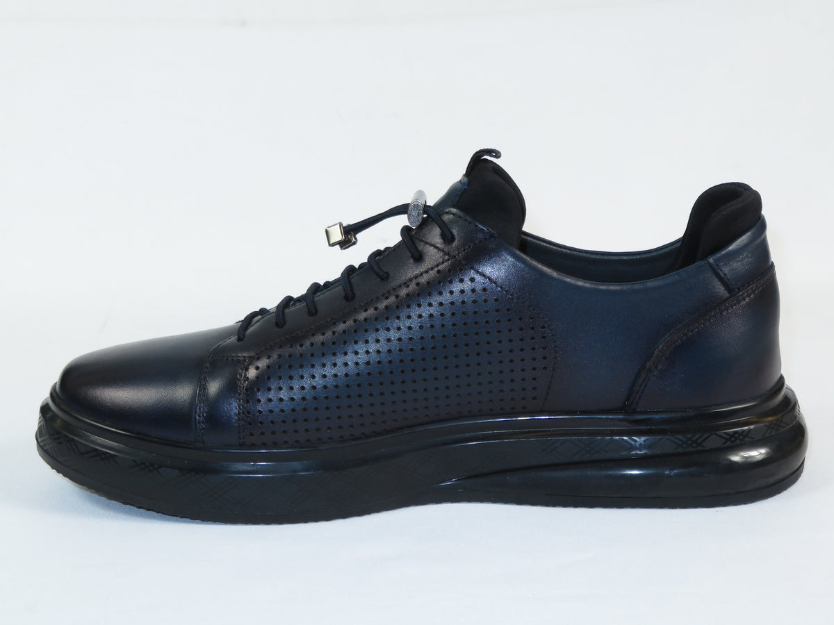 Men's Fashion Comfort Sneaker Shoes By Davientte Soft Leather Slip on Lace Feature D2 Navy
