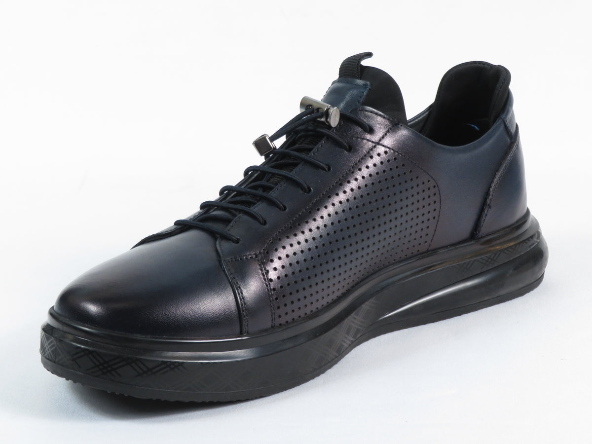 Men's Fashion Comfort Sneaker Shoes By Davientte Soft Leather Slip on Lace Feature D2 Navy