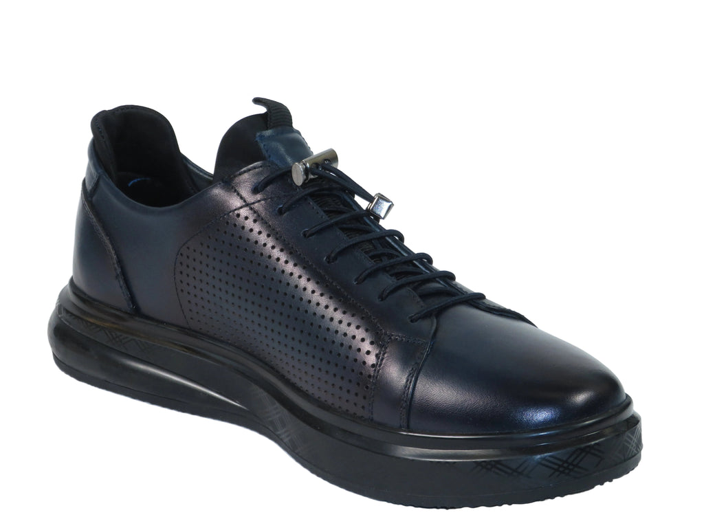 Men's Fashion Comfort Sneaker Shoes By Davientte Soft Leather Slip on Lace Feature D2 Navy
