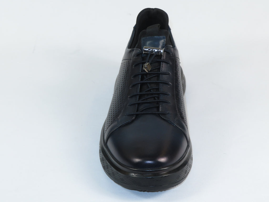 Men's Fashion Comfort Sneaker Shoes By Davientte Soft Leather Slip on Lace Feature D2 Navy