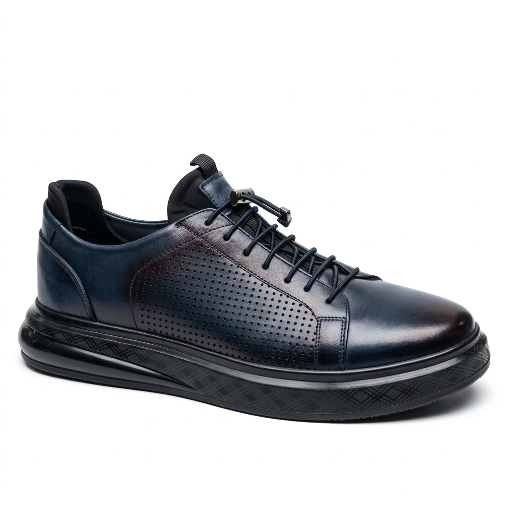 Men's Fashion Comfort Sneaker Shoes By Davientte Soft Leather Slip on Lace Feature D2 Navy