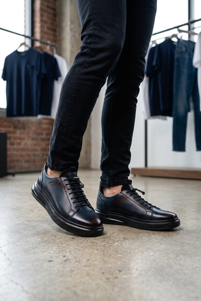 Men's Fashion Comfort Sneaker Shoes By Davientte Soft Leather Slip on Lace Feature D2 Navy