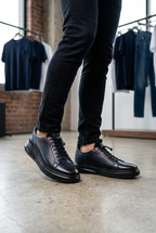 Men's Fashion Comfort Sneaker Shoes By Davientte Soft Leather Slip on Lace Feature D2 Navy
