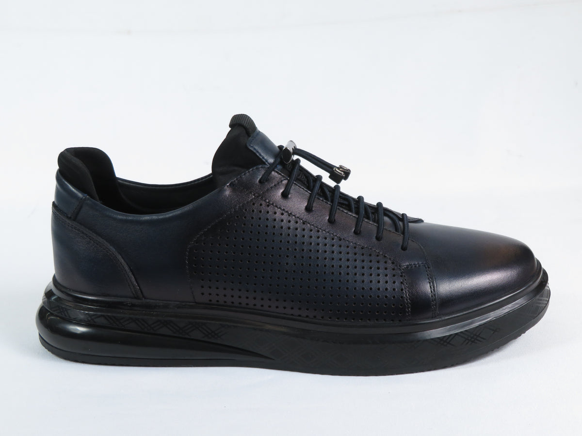 Men's Fashion Comfort Sneaker Shoes By Davientte Soft Leather Slip on Lace Feature D2 Navy