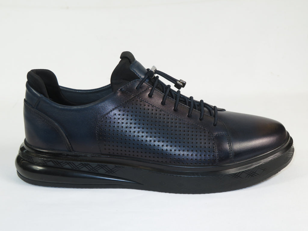 Men's Fashion Comfort Sneaker Shoes By Davientte Soft Leather Slip on Lace Feature D2 Navy