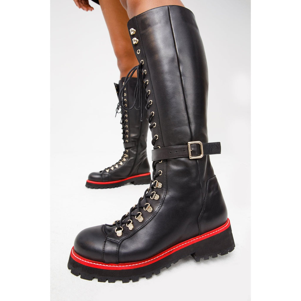The Istinye Black Leather Knee High Lace-Up Women Boot Limited Edition