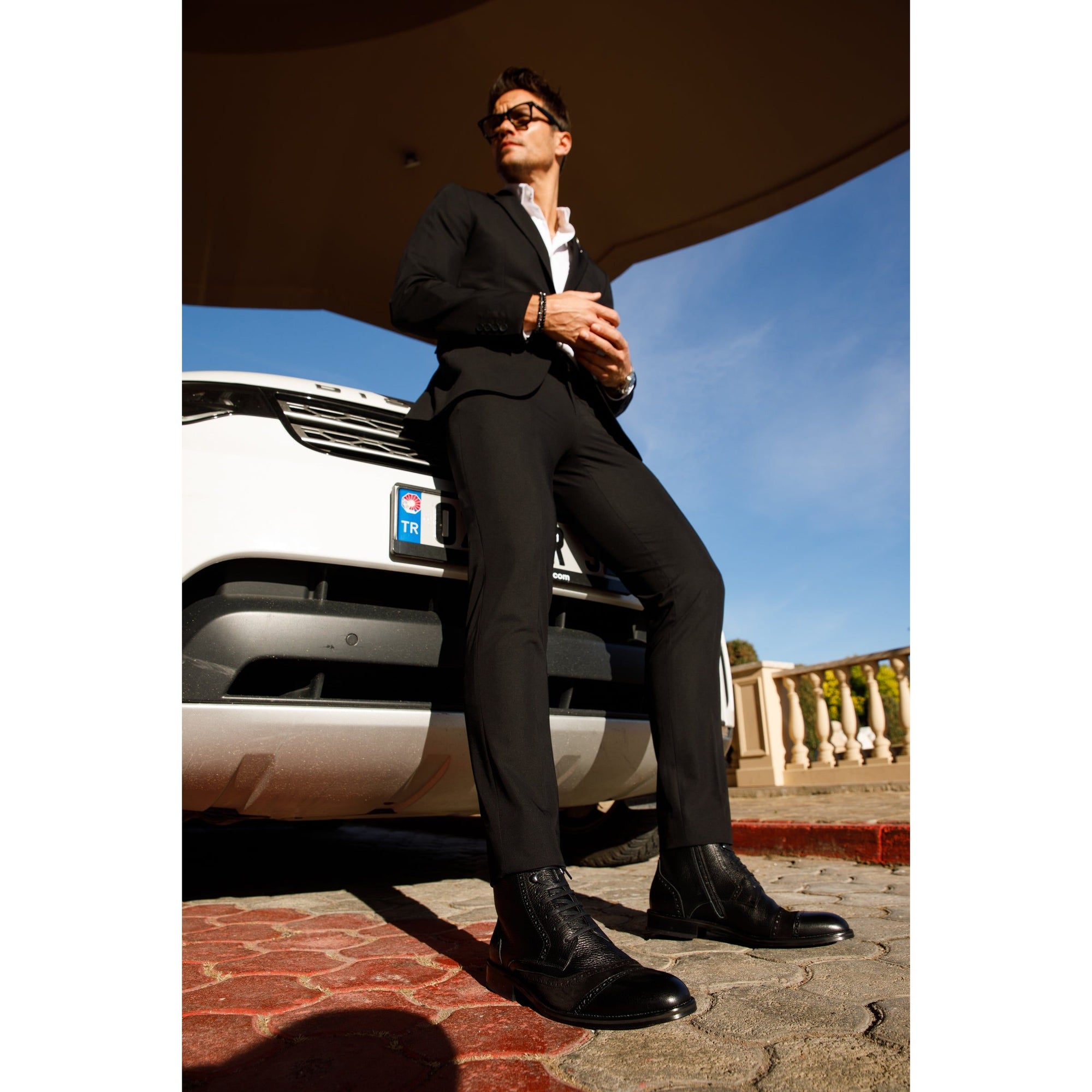 The Anderson Black Leather & Suede Brogue Lace-Up Men  Boot with a Zipper