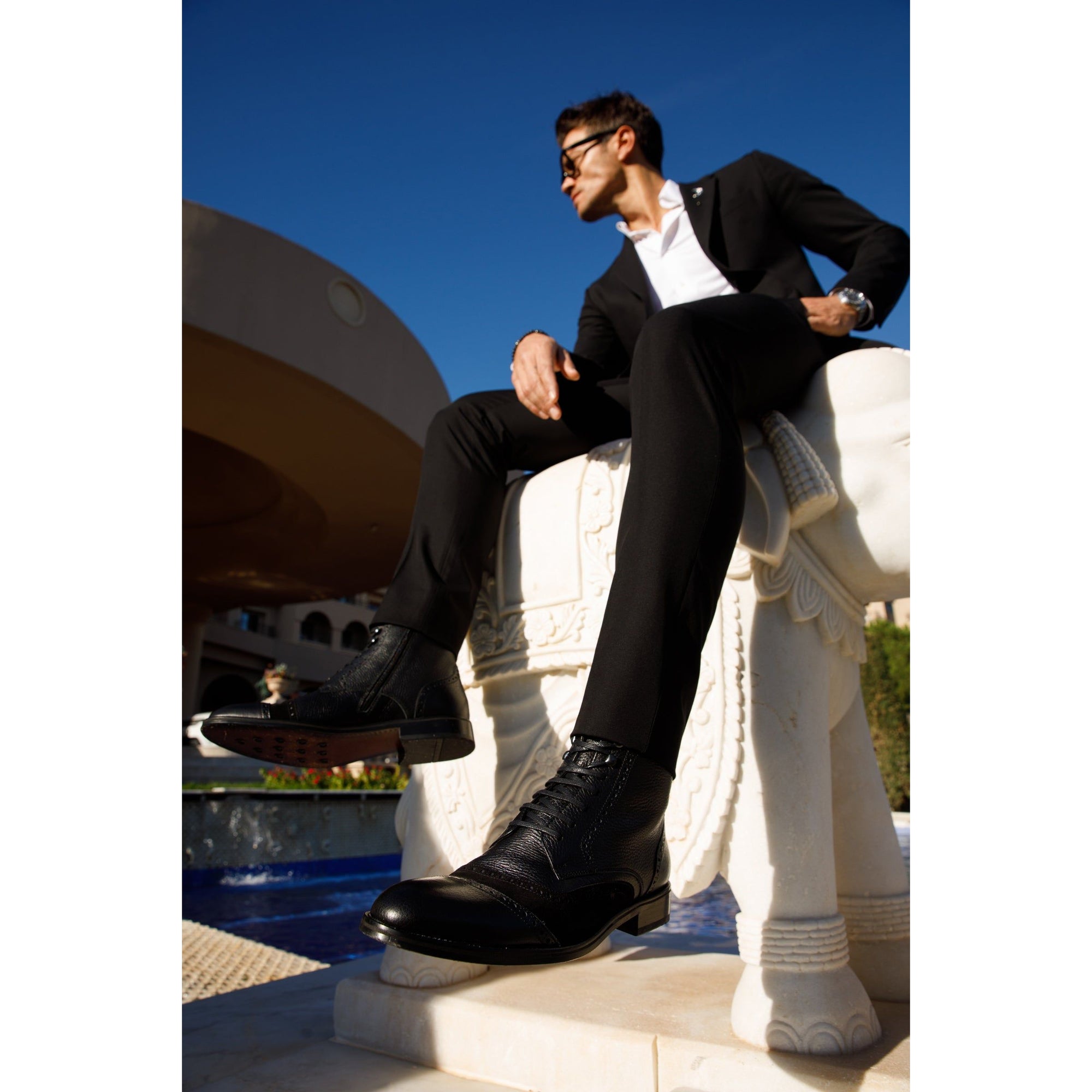 The Anderson Black Leather & Suede Brogue Lace-Up Men  Boot with a Zipper
