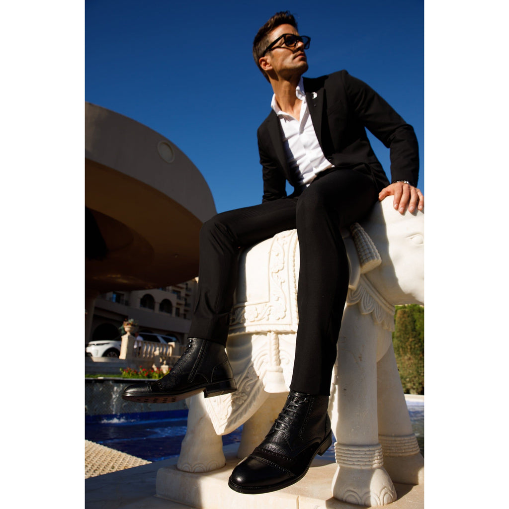 The Anderson Black Leather & Suede Brogue Lace-Up Men  Boot with a Zipper