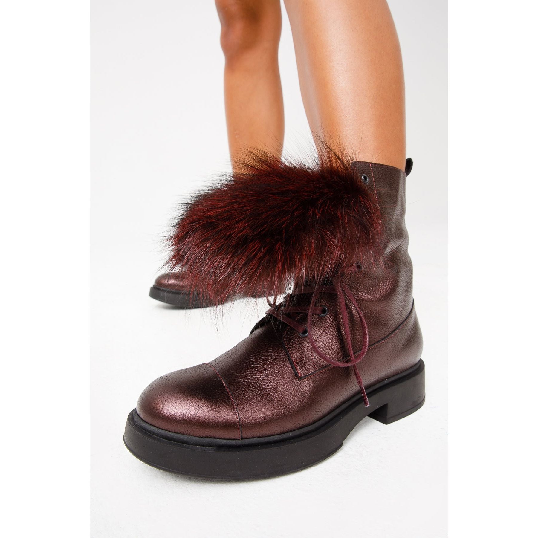 The Kajapati Burgundy Leather Natural Fur Mid Calf Women Boot