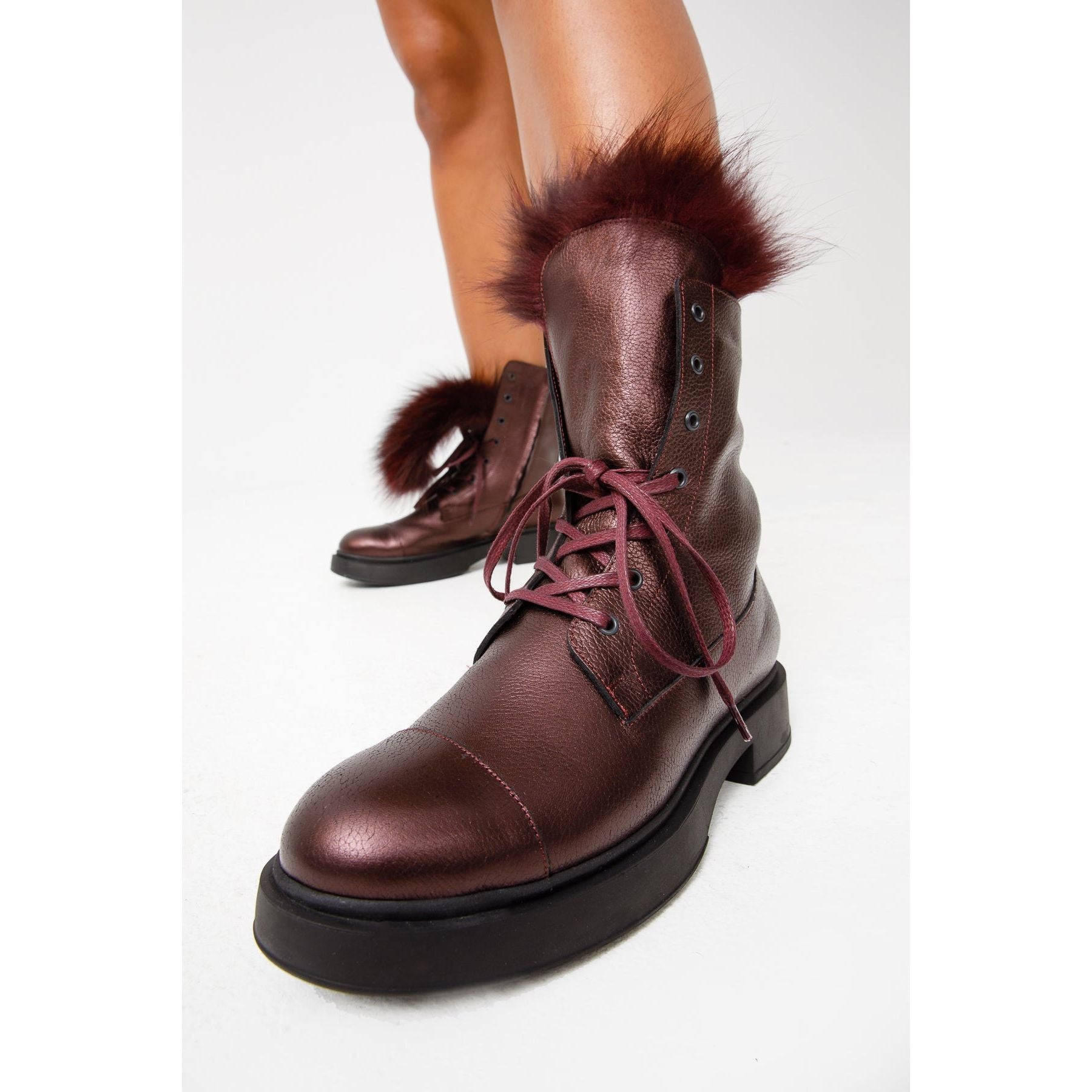 The Kajapati Burgundy Leather Natural Fur Mid Calf Women Boot