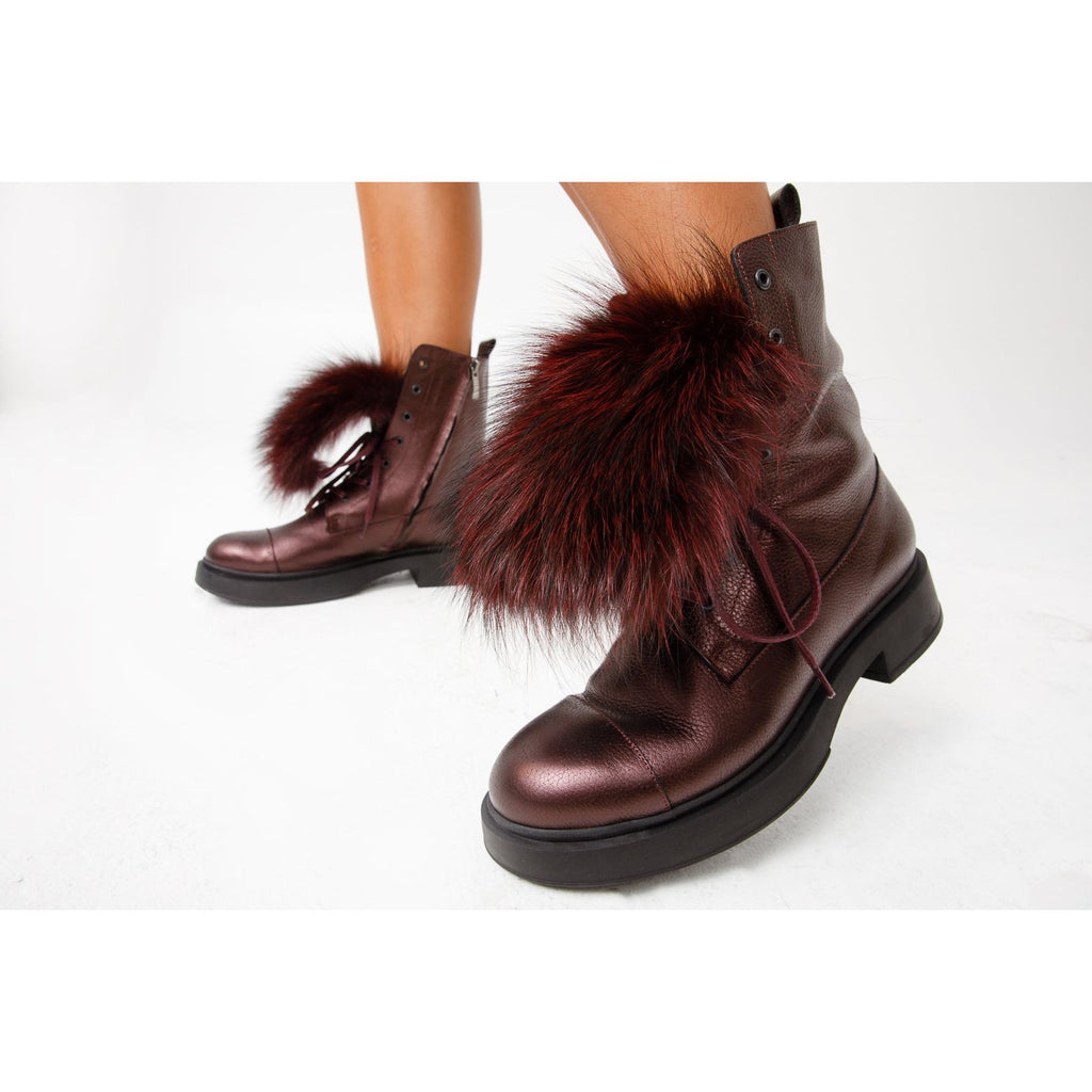 The Kajapati Burgundy Leather Natural Fur Mid Calf Women Boot