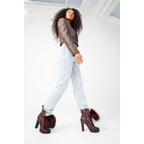 The Melo Burgundy Leather Natural Mid Calf Platform Heel Women Boot