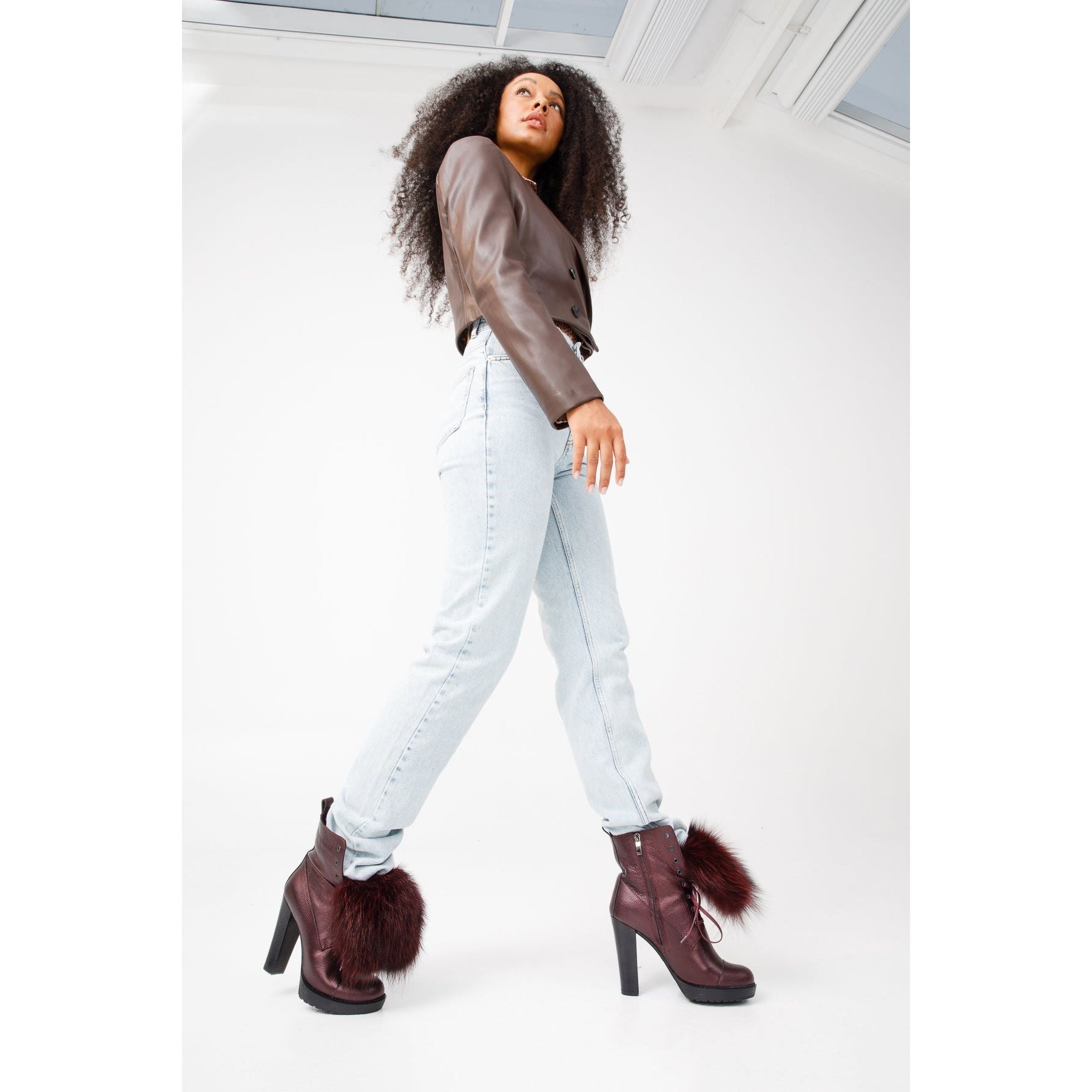 The Melo Burgundy Leather Natural Mid Calf Platform Heel Women Boot