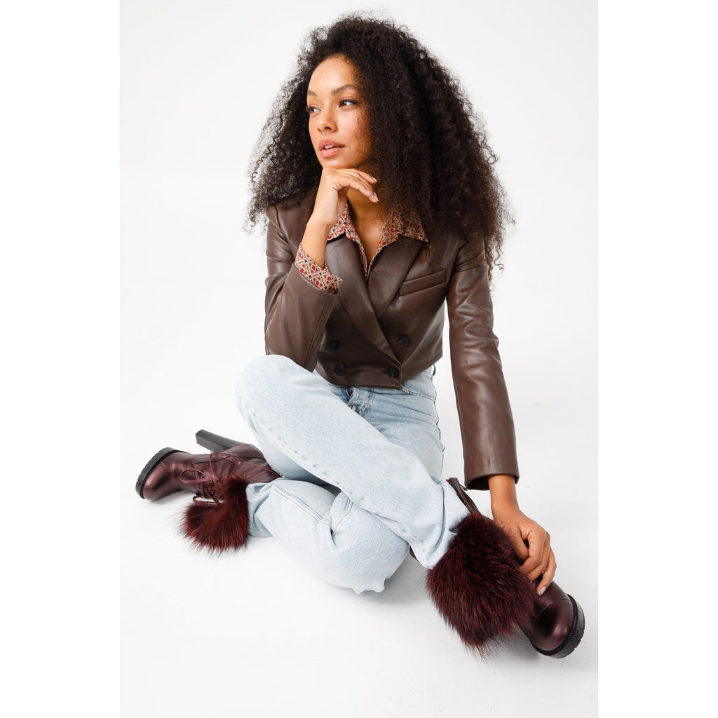 The Melo Burgundy Leather Natural Mid Calf Platform Heel Women Boot
