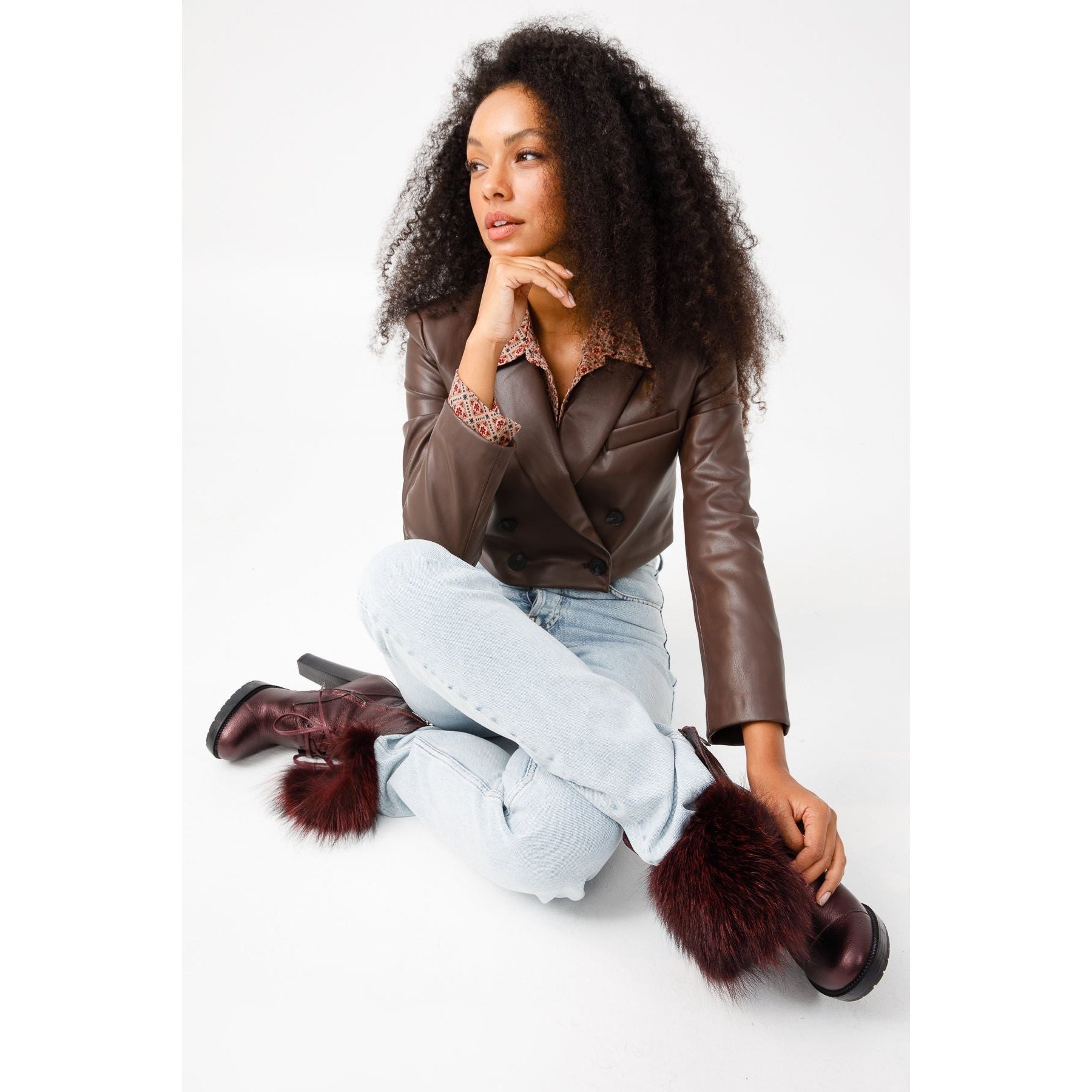 The Melo Burgundy Leather Natural Mid Calf Platform Heel Women Boot