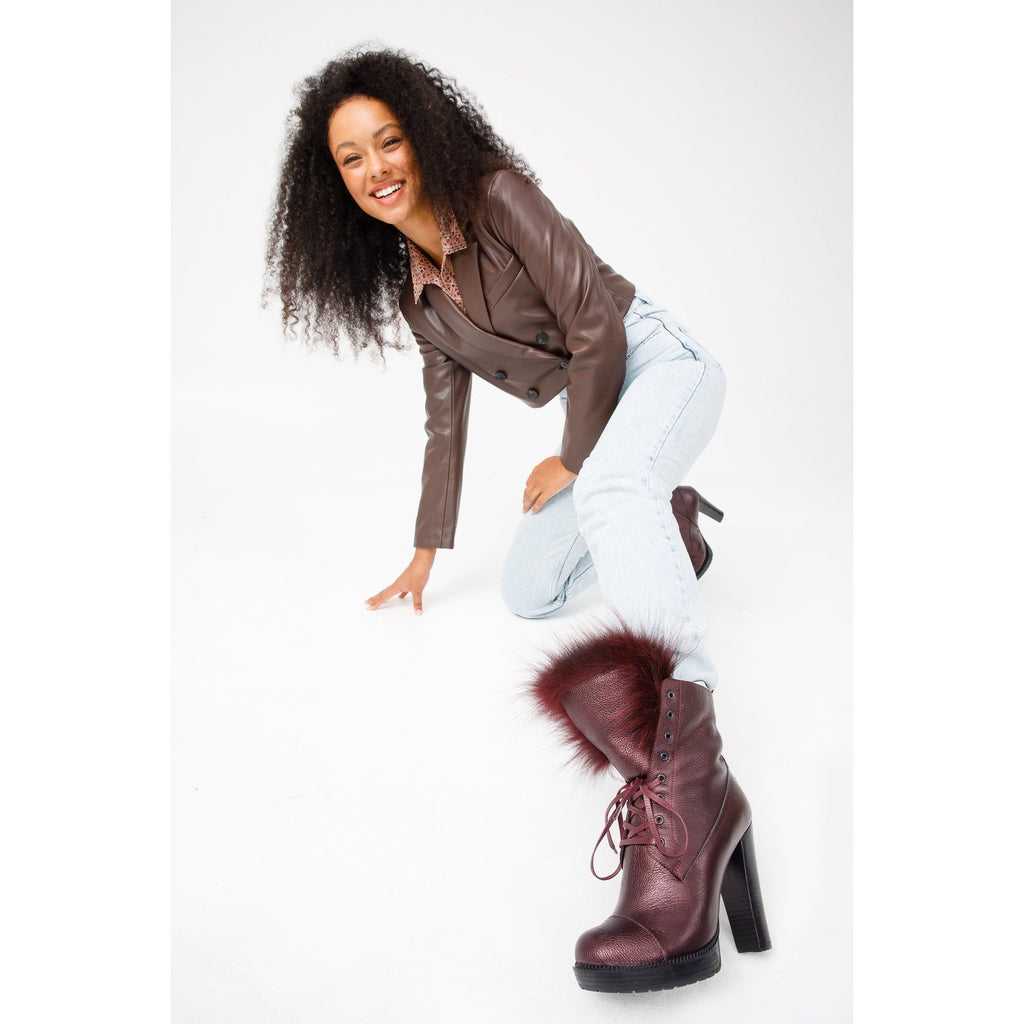 The Melo Burgundy Leather Natural Mid Calf Platform Heel Women Boot