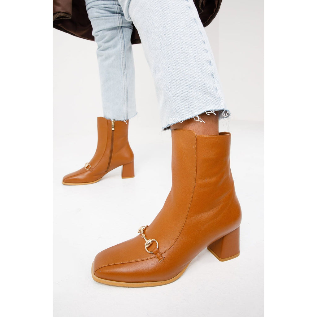 The Bukres Tan Leather Block Heel Mid Calf Women Boot
