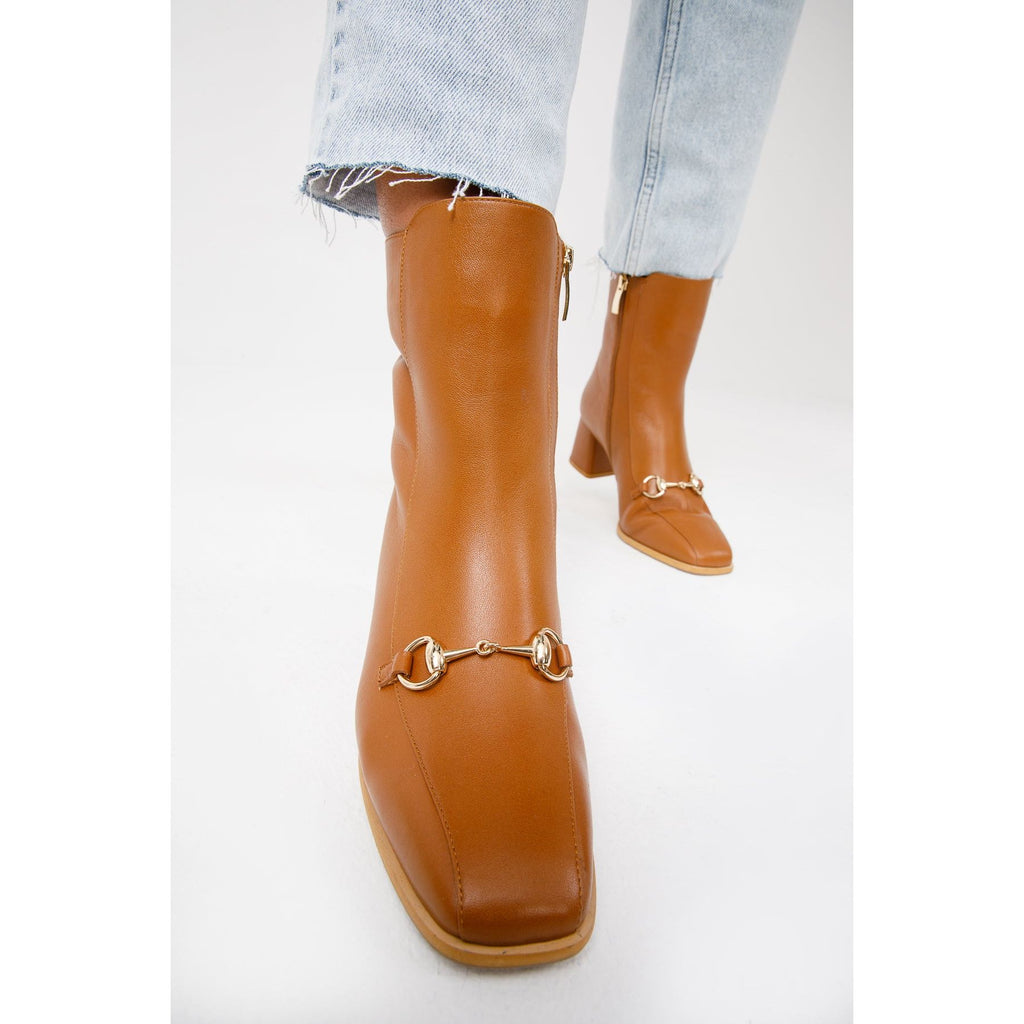 The Bukres Tan Leather Block Heel Mid Calf Women Boot