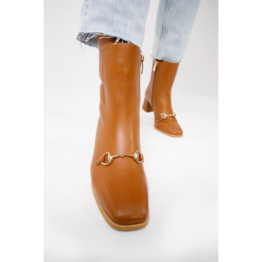 The Bukres Tan Leather Block Heel Mid Calf Women Boot